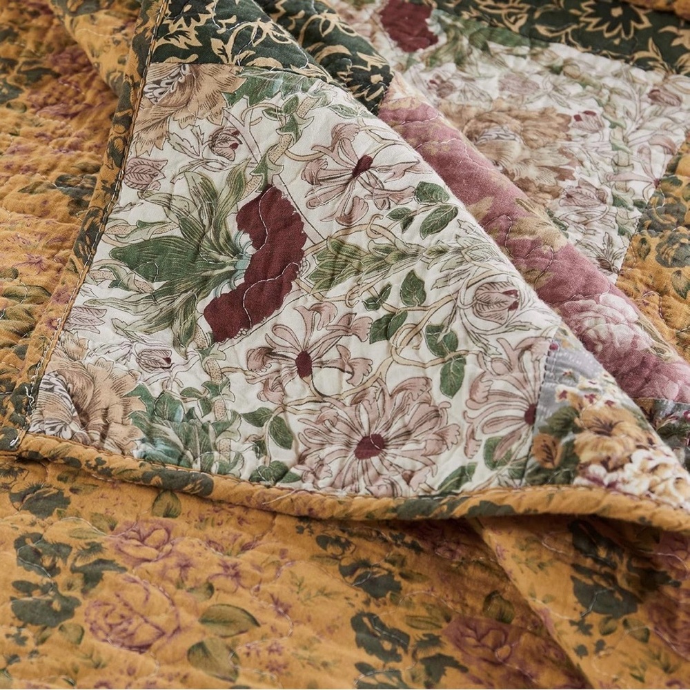 NEW Anthro Cotton Floral Reversible Patchwork Queen King Bedding Quilt Sham Set - Picture 11 of 15